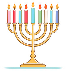Fototapeta premium Illustrated Hanukkah menorah with lit candles celebrating a Jewish holiday