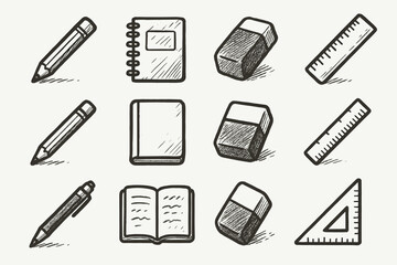 Drawing minimal icon ruler essentials vector icons sketch creative eraser tools notebook