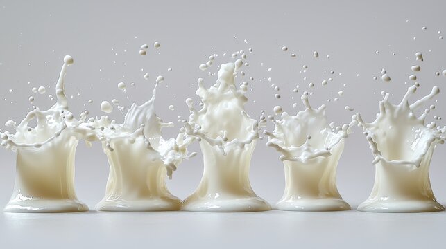 Milk impact crown sequential progression multiple liquid splashes captured in single frame showing distinct formation stages droplet contact dynamics white background