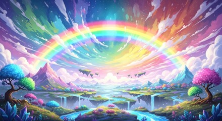 A vibrant, colorful rainbow arching over a serene, mountainous landscape with a river and trees.