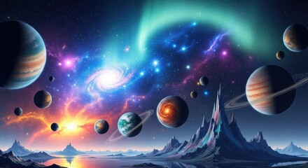 A vibrant space scene with planets, stars, and a galaxy in the background.