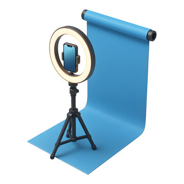 3d illustration of 3d render of ring light on tripod with smartphone and blue backdrop for content creation isolated on transparent background