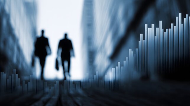 Two business people walking in a city street with a financial graph overlay silhouette