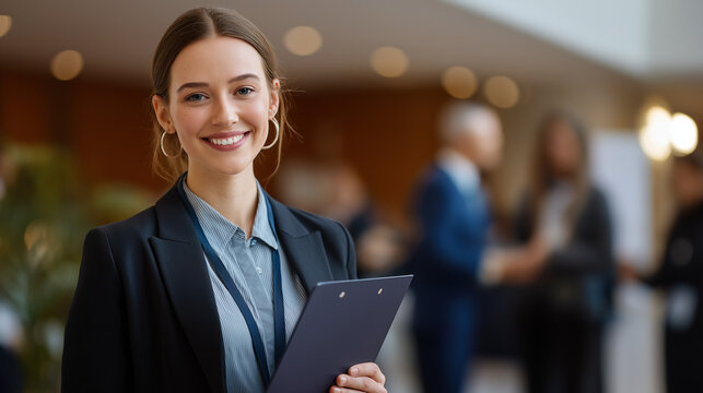 Faceless business woman smiling at award ceremony defocused celebration background winner guest or host female presenter environmental summit success conference seminar renew