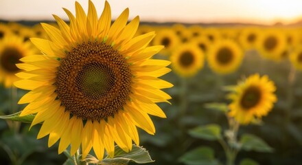 Obraz premium A vibrant sunflower field at sunset with a soft focus background.