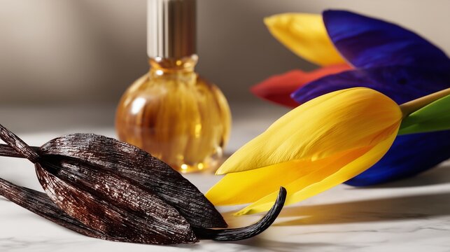 Vanilla fragrance oil vibrant colors soft lighting hyper real