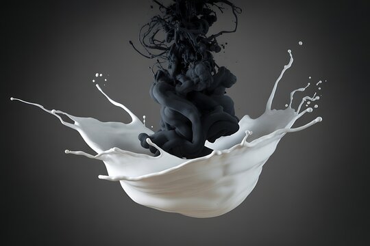 Black ink swirling in a splash of white liquid on gray background