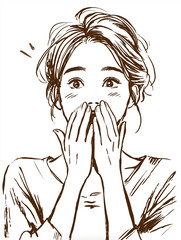 Surprised woman covering mouth with hands in expressive sketch  