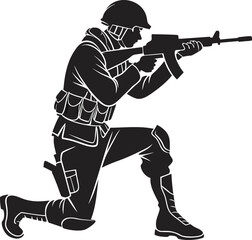 Black Silhouette Soldier Taking Aim with Assault Rifle: Detailed Vector Graphic of a Military Combatant Kneeling and Holding a Modern Automatic Weapon.