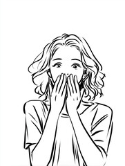 Young woman expressing surprise with hands over mouth in illustration  