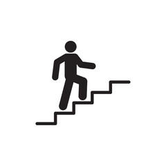 Stairs up person to goal icon. Stairway, steps direction to flag. Moving upstairs in work, career. Editable stroke. Vector illustration