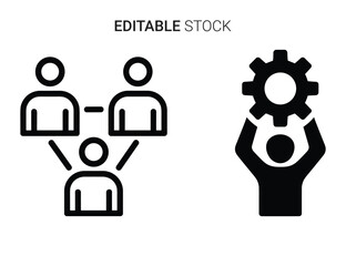 Team collaboration network icon, person holding gear, system, solution and management symbol