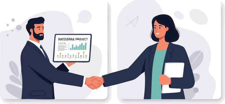 Business partners shaking hands over a successful project presentation with financial charts on a tablet.