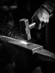 Blacksmith hammering metal on an anvil in dark workshop setting  