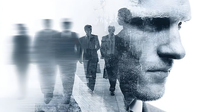 Abstract double exposure silhouette of a man s face merged with a group of walking figures silhouette - Powered by Adobe