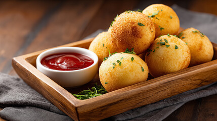 Brazilian coxinha balls served with ketchup in rustic wooden tray, ideal for food blog posts, restaurant menus, culinary advertisements, snack packaging design, and social media visuals