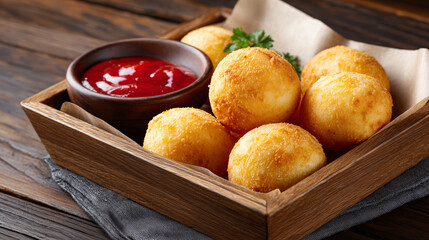 Brazilian coxinha balls served with ketchup in rustic wooden tray, ideal for food blog posts, restaurant menus, culinary advertisements, snack packaging design, and social media visuals