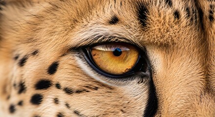 Close up of a cheetahs eye, showcasing its golden color and the surrounding fur with black spots