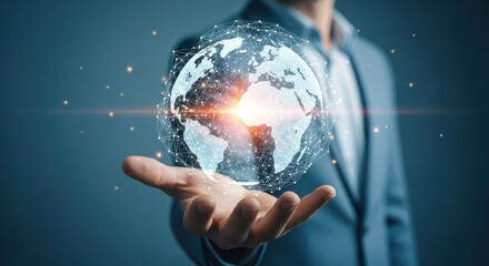 A man holding a holographic globe with a glowing light on it.