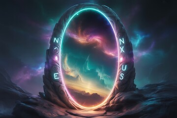 Mystical nexus portal with colorful nebula in the night sky