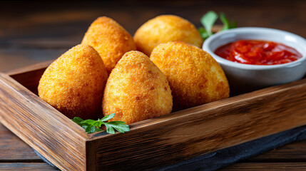 Brazilian coxinha balls served with ketchup in rustic wooden tray, ideal for food blog posts, restaurant menus, culinary advertisements, snack packaging design, and social media visuals