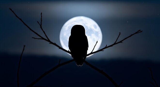 Silhouette of an Owl Perched on Bare Tree Branch Against a Large, Glowing Full Moon in Dark Night Sky