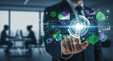 A businessman holding a digital AI icon with colorful data and graphs.