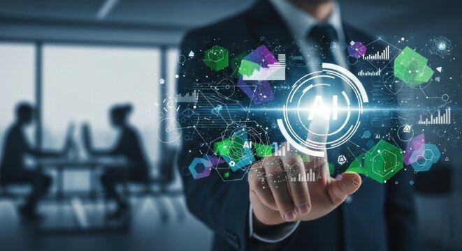 A businessman holding a digital AI icon with colorful data and graphs.