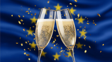 european new year celebration with sparkling champagne glasses and golden confetti on eu flag background, ideal for holiday event promotions, seasonal greeting cards, party invitations