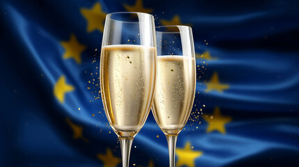 european new year celebration with sparkling champagne glasses and golden confetti on eu flag background, ideal for holiday event promotions, seasonal greeting cards, party invitations