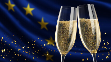 european new year celebration with sparkling champagne glasses and golden confetti on eu flag background, ideal for holiday event promotions, seasonal greeting cards, party invitations
