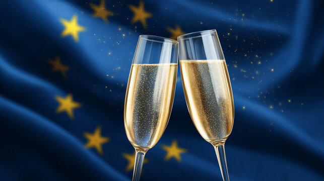 european new year celebration with sparkling champagne glasses and golden confetti on eu flag background, ideal for holiday event promotions, seasonal greeting cards, party invitations