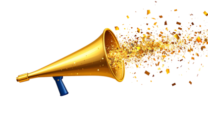 A golden megaphone with a blue handle emitting a burst of golden confetti against a white background.