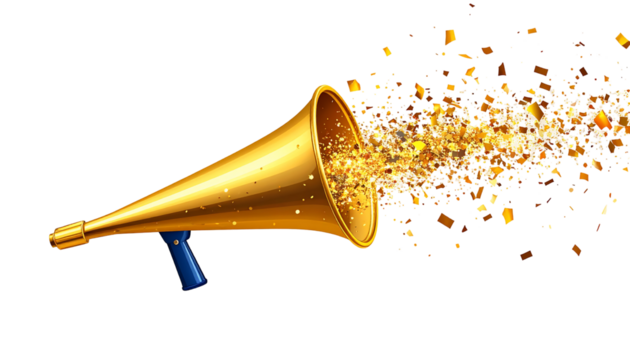 A golden megaphone with a blue handle emitting a burst of golden confetti against a white background.