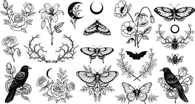 Black and White Tattoo Style Elements Collection