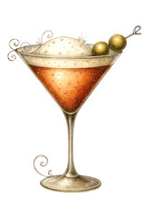 Watercolor Vintage Cocktail Drink with Olives in Martini Glass Vector Illustration
