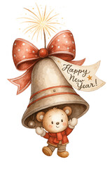 Cute Teddy Bear with New Year Bell and Fireworks Vector Illustration
