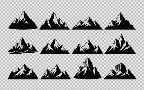 Set of twelve black mountain silhouettes on transparent background