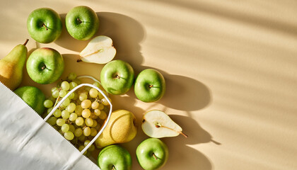 Vibrant Flat Lay of Fresh Green Apples, Pears, and Grapes