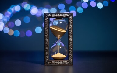 Hourglass in a frame with sand running out against bokeh lights