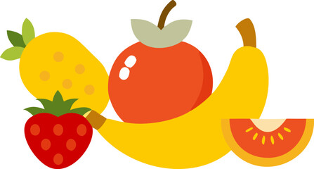 Vibrant Flat Design Fruit Composition Vector Illustration: Colorful Collection of Strawberry, Banana, Pineapple, and Persimmon for Healthy Eating Concepts.