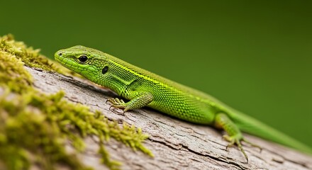 Fototapeta premium Green Lizard on Mossy Wood