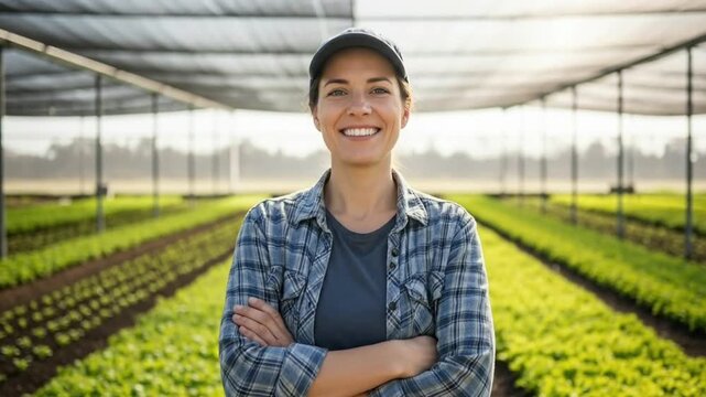 Portrait of A Confident Female Cultivator Standing With Folded Arms In A Controlled Environment Shade Net Structure Surrounded By Rows of Young Green Plants And Sunlight