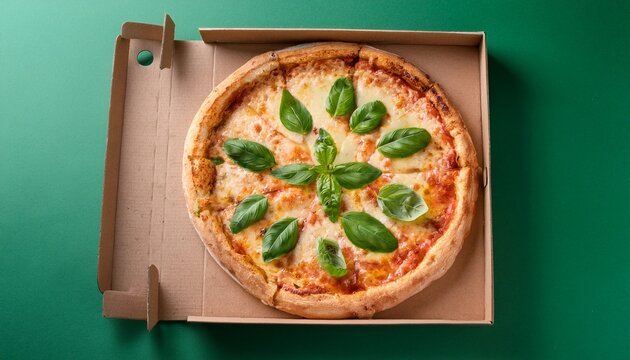 a whole pizza with fresh green basil leaves rests in an open cardboard delivery box on a plain green background
