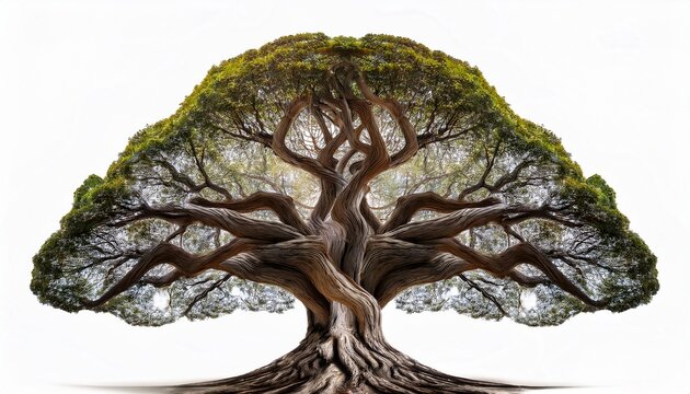 twisted roots of a large tree creating a complex pattern isolated on a white background