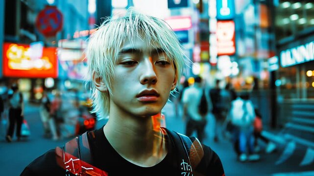 Stylish portrait of a young man in Harajuku fashion style with vibrant neon lights and dynamic motion blur.