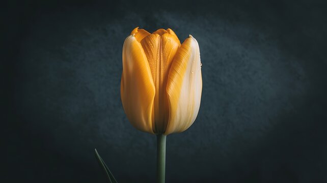 Close up of a single yellow tulip flower on a dark background