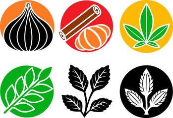 Herbs and Spices Circular Icons Collection Vector Set: Simple Graphic Symbols for Natural Ingredients like Garlic, Cinnamon, Cannabis Leaf, and Mint.