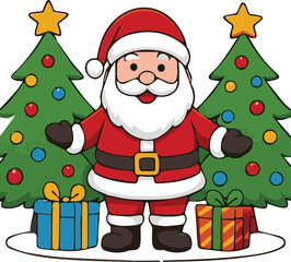 Cartoon Santa Between Two Christmas Trees