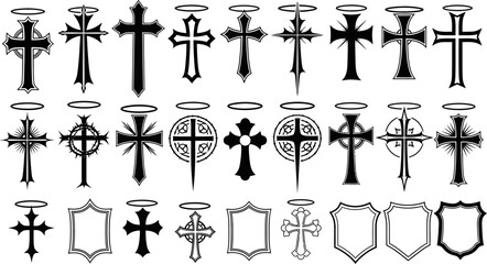 Collection of Black Christian Cross Icons with Halos and Shields